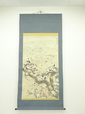 中国　正叔筆　桜花百鶴　肉筆絹本掛軸